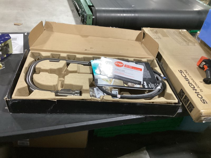 Condition photo showing Good Condition for kraus allyn transitional industrial pull-down single handle kitchen faucet in matte black, kpf-4101mb matte black transitional faucet