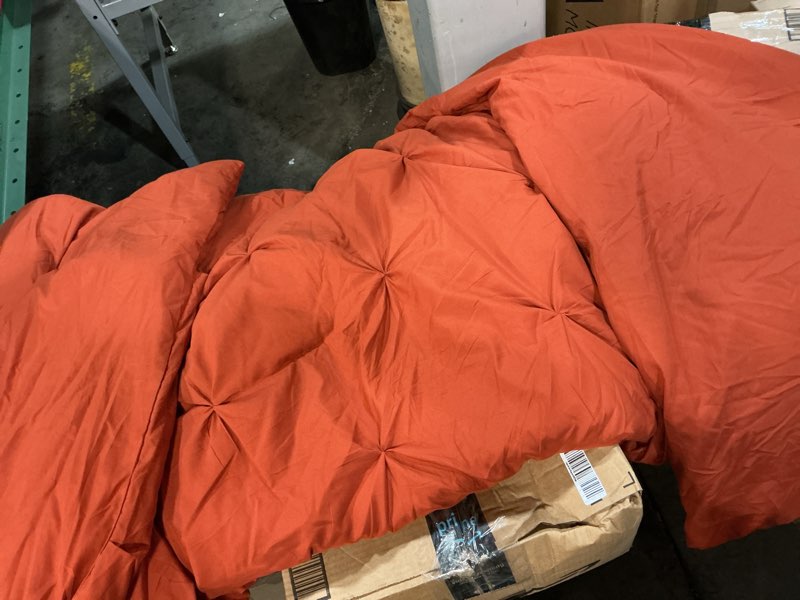 Condition photo showing As Is for bedsure queen comforter set burnt orange - bed in a bag queen size bedding 7 pieces, gentlesoft™ pintuck bed set gift for family, pinch pleat burnt orange comforter with sheets, pillowcases & shams 16 - burnt orange queen