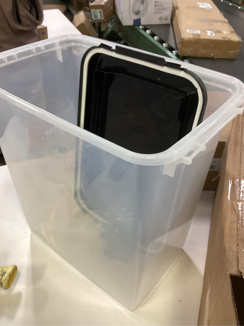 Condition photo showing Good Condition for IRIS USA 3-Piece 41 Lbs / 45 Qt WeatherPro Airtight Pet Food Storage Container Combo with Scoop and Treat Box for Dog Cat and Bird Food, Keep Fresh, Translucent Body, Easy Mobility, Black