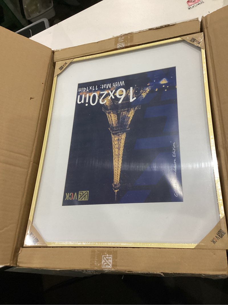 Condition photo showing Good Condition for vck 16x20 picture frame gold 3 pack, high-end aluminum metal poster frame with tempered glass, display photo 11x14 with mat or 16 x 20 without, for home, office, studio and gallery, wall hanging pack of 3 gold 16x20