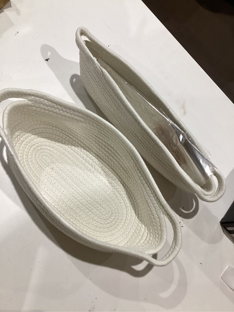 Condition photo showing Good Condition for 2 small white woven gift baskets with handles~ gift bags & gold ribbon