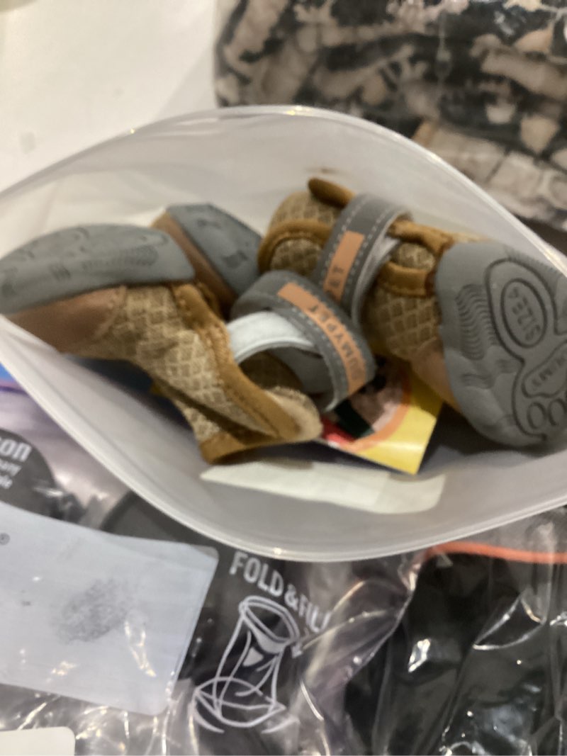 Condition photo showing As Is for QUMY 4PCS Dog Shoes for Small Dogs, Hot Pavement Summer Puppy Dog Boots & Paw Protectors with Soft Anti-Slip Rubber Sole, Mesh Breathable Dog Booties for Hardfloors, Walking Running Khaki Size 4 Khaki size 4: 1.89"x1.51"(L*W)