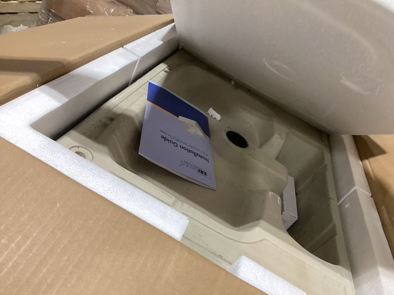 Condition photo showing As Is for oval vessel sink 16"x13" white ceramic bathroom sink with waterfall faucet and pop-up drain bowl sink white black marble bathroom sinks above counter