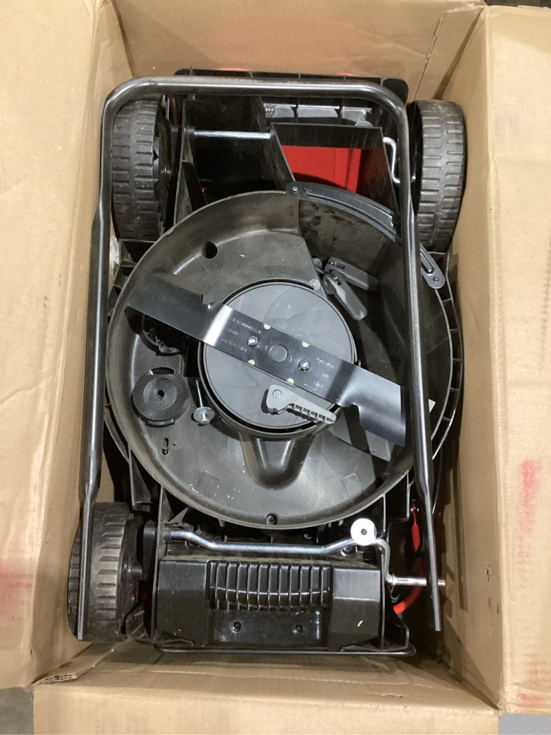 Condition photo showing As Is for craftsman push mower 15 in, 2 x 4 ah v20 batteries and 2 chargers included, up to 45 min of runtime, lightweight, easy to maneuver electric lawn mower cordless with grass bag (cmcmwp120m2)
