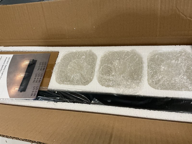 Condition photo showing Good Condition for Bathroom Lighting Fixtures Over Mirror, Square Design & Rectangle Large Backplate, 3 Lights Morden Vanity Lighting Fixtures, Bathroom Light Fixtures for Bathroom/Living Room/Bedroom, Black