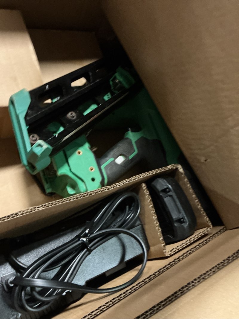 Condition photo showing As Is for metabo hpt 18v multivolt cordless 30° paper tape framing nailer kit, 3-1/2" framing nailer, power tool with 4.0ah lithium ion battery, drives 2" to 3-1/2" nails, powerful brushless motor, nr1890dca