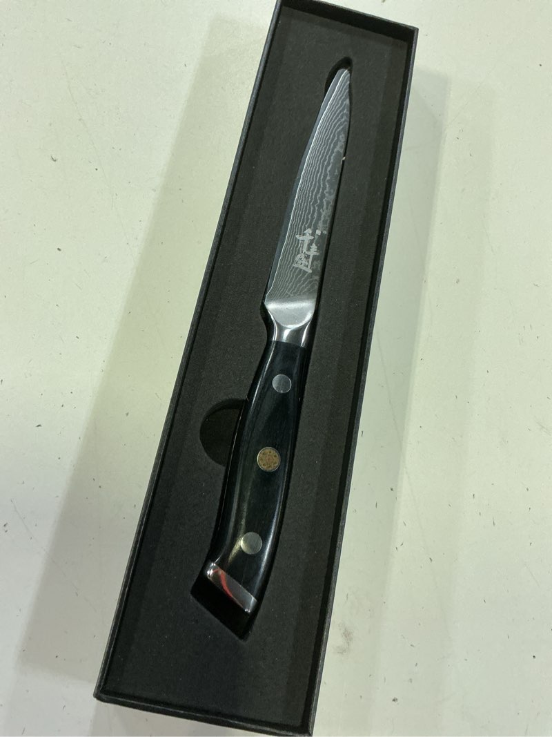 Condition photo showing Good Condition for damascus kitchen utility knife, 5.5" paring knife vg10 damascus stainless steel, 67-layer forged blade, perfect for peeling, slicing & trimming