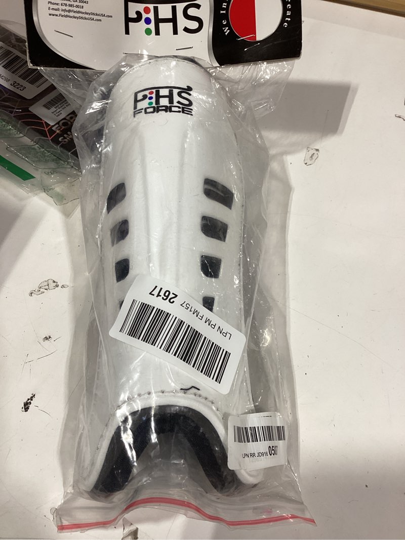 Condition photo showing New/Like New for field hockey shin guards force symphony colors white blue teal blue sizes small medium large x-small force - white