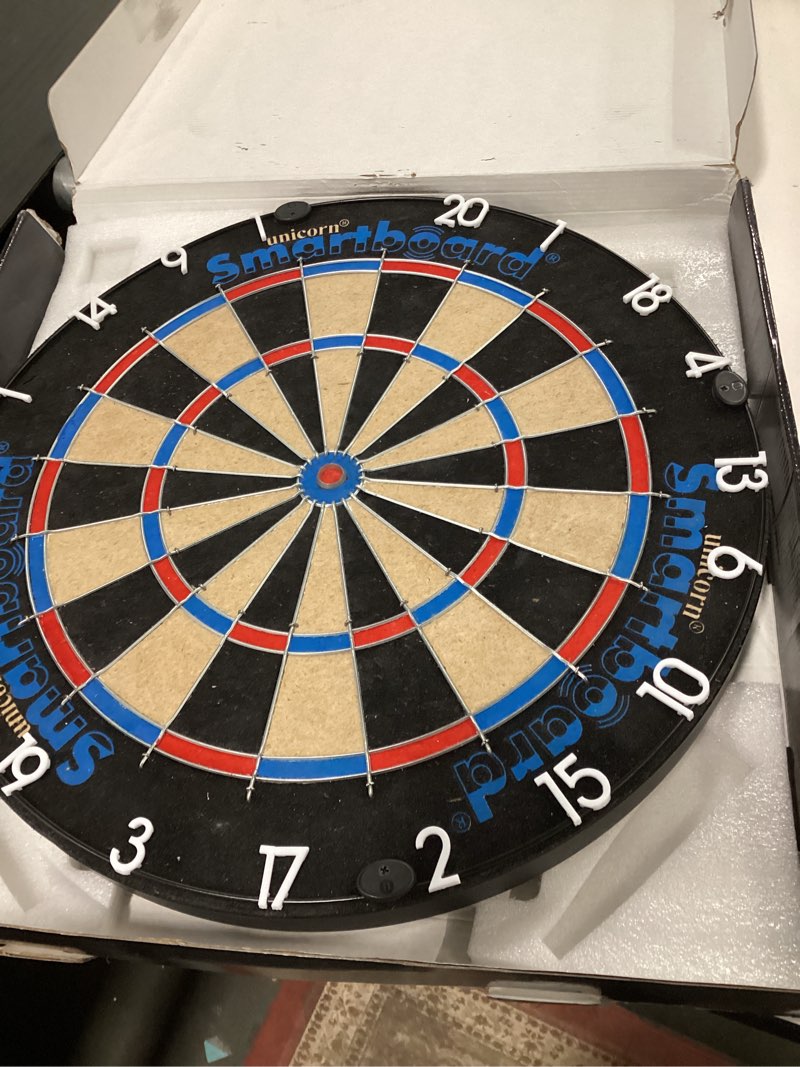 Condition photo showing As Is for Unicorn Smartboard Bristle Dartboard - Bristle Board with Bluetooth LE Technology - 6 Steel-Tip Darts Included - 12 Players - Multiple Game Options - Online and Solo Play with Scorebuddy App
