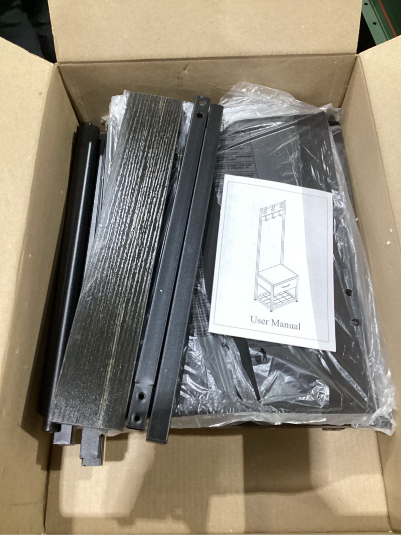 Condition photo showing As Is for HOMEKOKO Narrow Coat Rack Shoe Bench, Hall Tree for Small Place with Drawer Storage, Shoe Bench with Cubby Storage, Wood Look Accent Furniture with Metal Frame, 3-in-1 Design (Black Wood Veins)