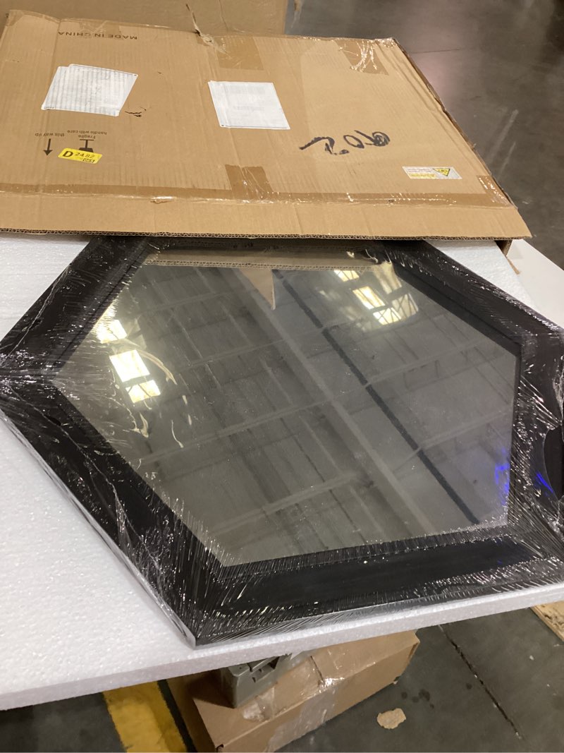 Condition photo showing New/Like New for stonebriar decorative 24" hexagon wall mirror with black wood frame and attached hanging bracket, decorative country rustic decor for the living room, bedroom, bathroom, hallway, and entryway