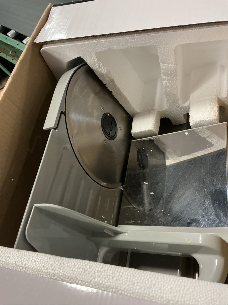 Condition photo showing Good Condition for ostba electric meat slicer with 200w dc motor, 2 removable 8.7” stainless steel blades, adjustable thickness 0–15mm, food tray & hand grip, commercial deli food slicer for meat, cheese, bread, veggies