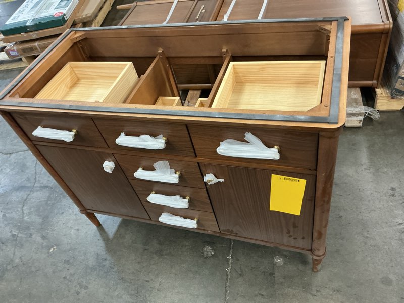 Condition photo showing As Is for allen + roth rian 48-in golden walnut undermount single sink bathroom vanity