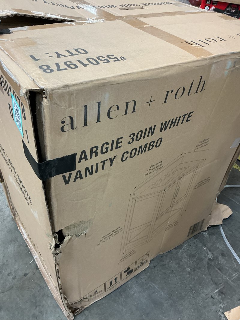 Condition photo showing As Is for allen + roth margie 30-in white undermount single sink bathroom vanity with white engineered stone top