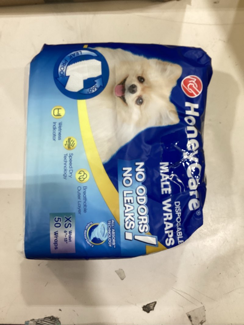 Condition photo showing As Is for HONEY CARE All-Absorb A27 Male Dog Wrap, 50 Count, Extra Small 50 X-Small