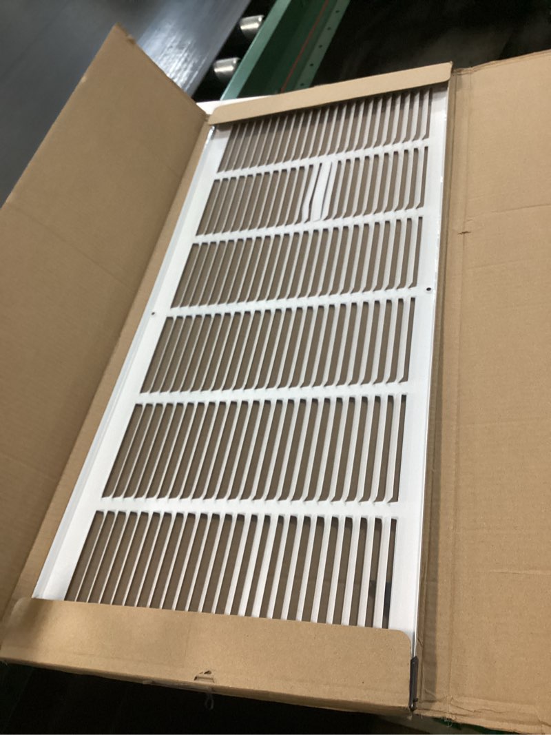Condition photo showing As Is for HVAC Premium 30'' x 12'' [Duct Opening] Flat Stamped Steel Return Air Grille - Sidewall and Ceiling - HVAC Vent Duct Cover - White [Outer Dimensions: 31.75''w X 13.75''h] 30 X 12