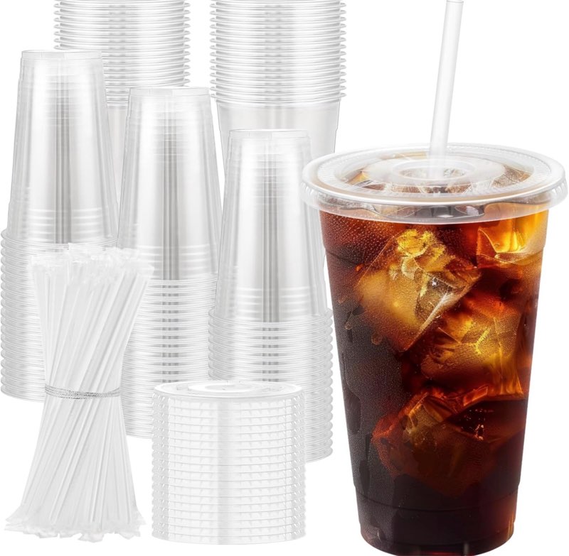 100 Pack 20 oz Plastic Cups with Lids and Straws, Sturdy Food Safe Iced Clear Coffee Cups Disposable Smoothie Cups for Cold Drinks