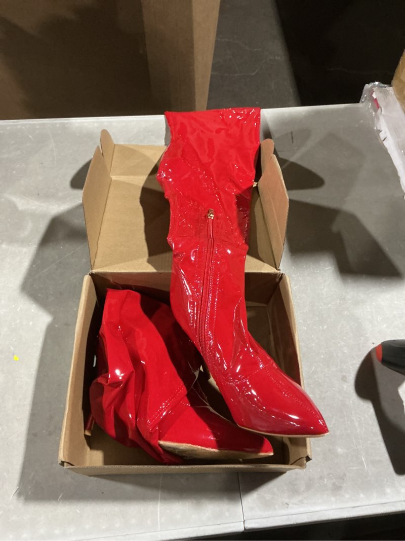 Condition photo showing Good Condition for women's patent leather pu thigh high boots pointy toe side zippe fashion comfy sexy stiletto high heel over the knee boots 7.5 red