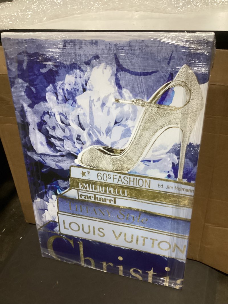 Condition photo showing Good Condition for Wynwood Studio Fashion and Glam Wall Art Canvas Prints 'What's On My Mind Navy Custom' Home Décor, 24" x 36", Blue, Gold 36"L x 24"W Canvas