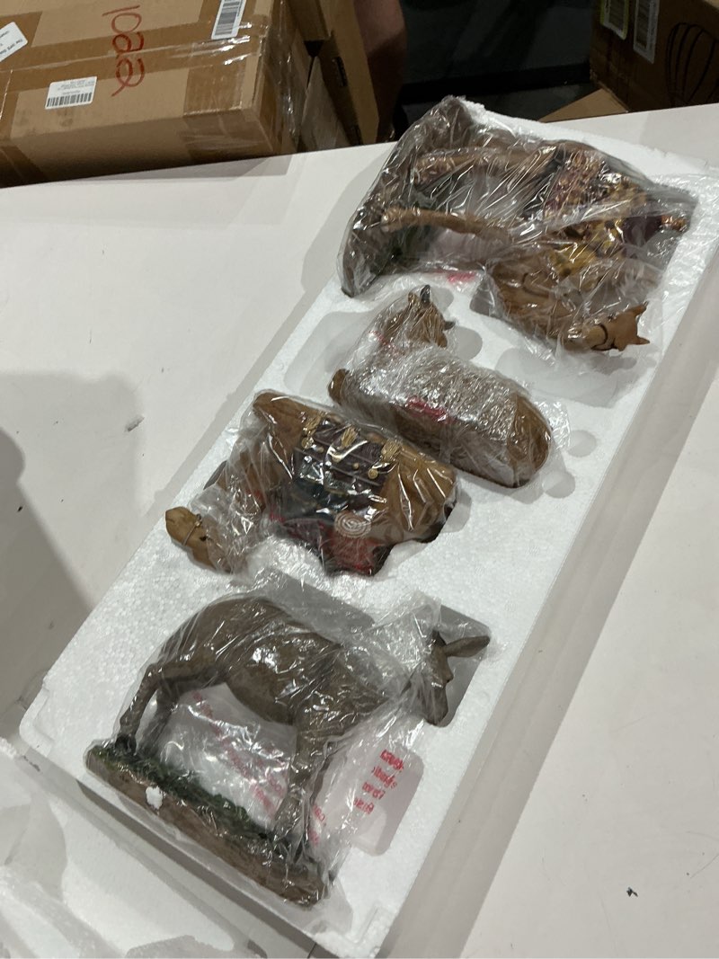 Condition photo showing Good Condition for three kings gifts nativity animals set, 4-piece polystone standing and sitting camels, donkey, and ox figures, flat bottom base collectibles for 14-inch scale nativity scene 14 inches