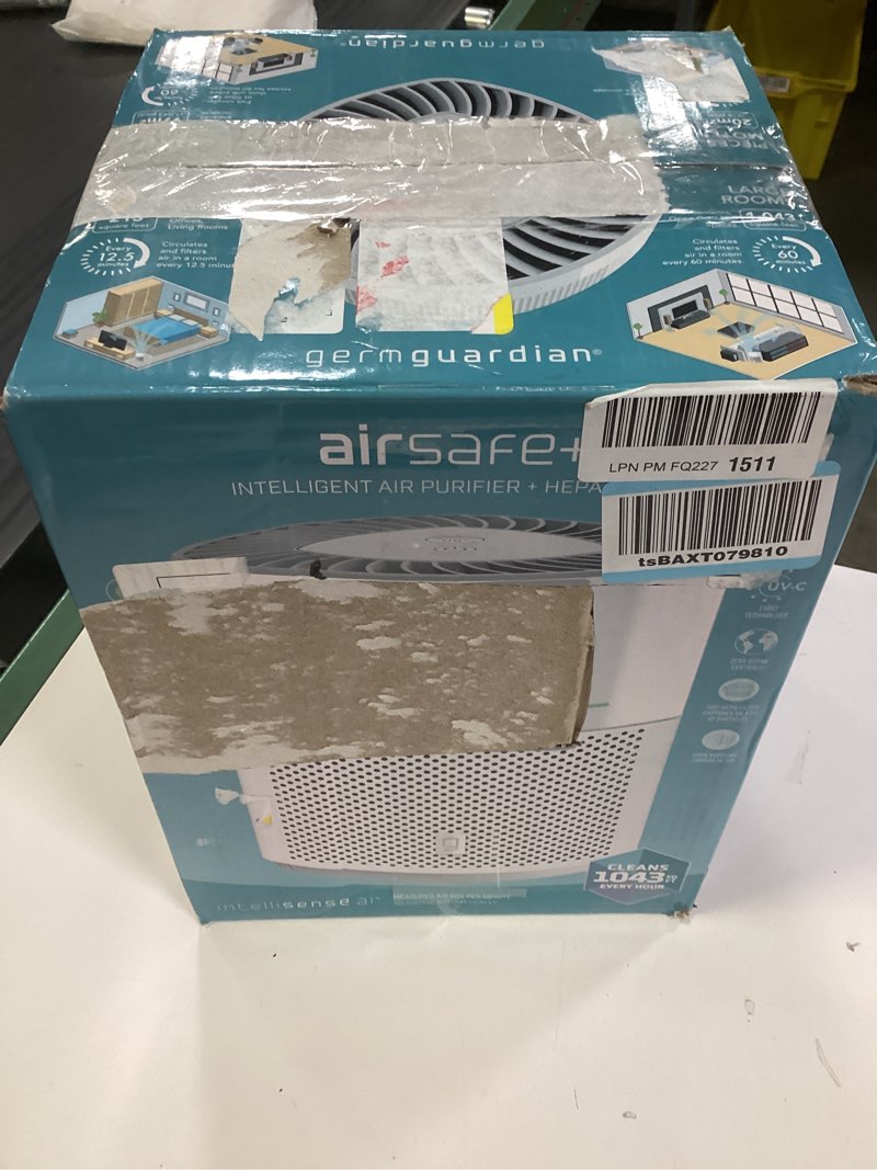 Condition photo showing New/Like New for germguardian airsafe+ hepa air purifier for home, large rooms up to 1043 sq. ft. with hepa air filter, uv-c light & air quality sensor, ac3000w, white airsafe+ intelligent air purifier with uv-c light - white