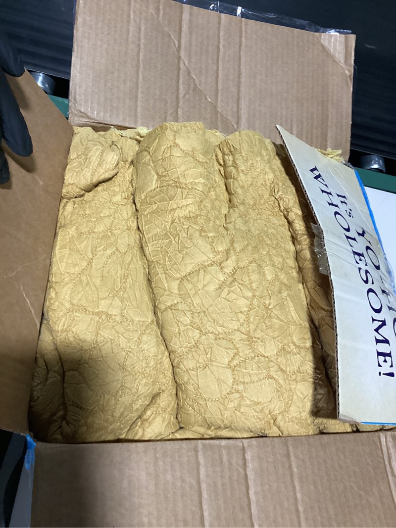 Condition photo showing Good Condition for HORIMOTE HOME Yellow Ruffled Quilt King Size, Stone-Washed Microfiber Lightweight Crinkled Farmhouse Rustic Shabby Chic Bedding Set, 3 Pieces Reversible Bedspread with Pillow Shams for All Season Yellow King(106"x 96")