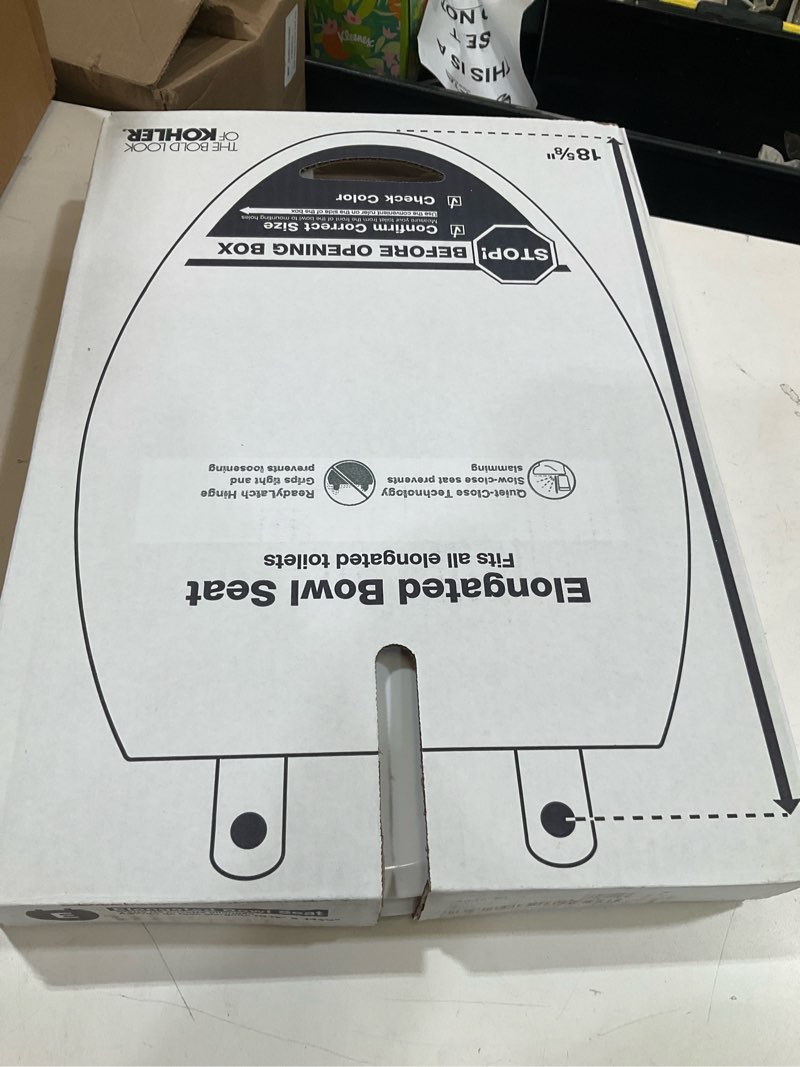 Condition photo showing Good Condition for kohler 4636-rl-0 cachet readylatch elongated toilet seat slow close, soft close toilet seat quiet lid, contoured grip-tight bumpers installation hardware, apartment essentials, white white elongated ready latch