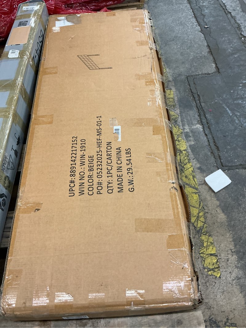 Condition photo showing As Is for flash furniture bedford box stitch tufted upholstered queen size headboard in beige fabric beige queen