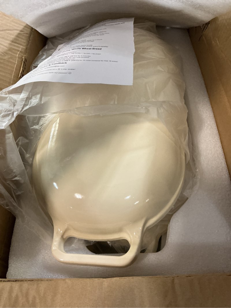 Condition photo showing Good Condition for oval dutch oven for bread baking, 6qt enameled cast iron oval dutch oven pot with lid and dual handles, ceramic sourdough bread baker with bread dome, cooking, frying, non-stick enamel coated cookware 6qt milky white