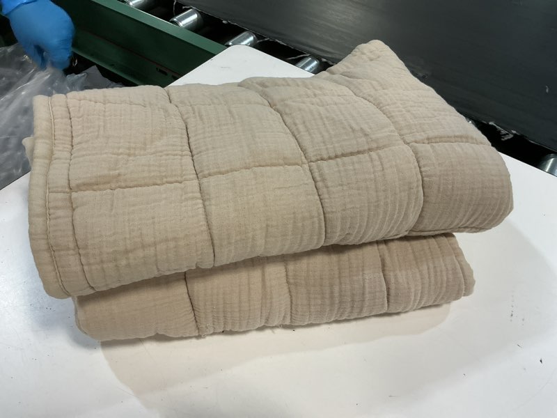 Condition photo showing As Is for organic cotton gauze box quilt set, king/cal king, dune