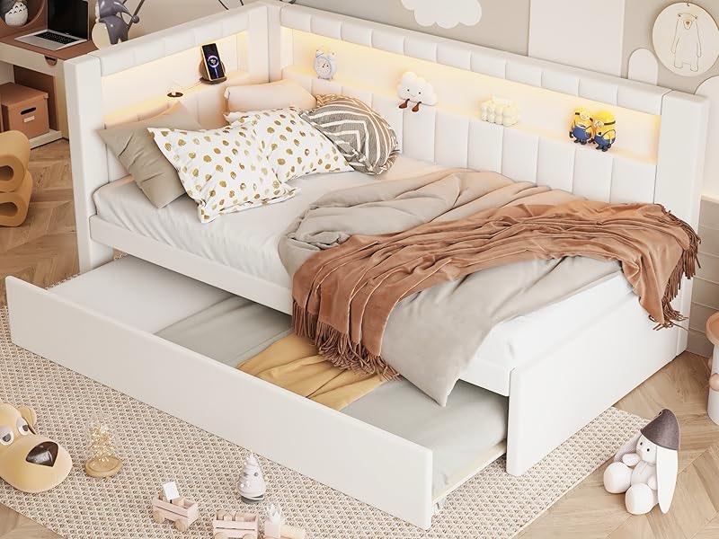 Merax Modern Upholstered Platform Bed Frame with USB Ports & Storage Drawers, Floor Sofa Day Bed, (incomplete box 1/2)