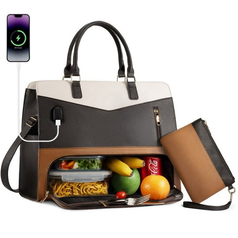 2 in 1 lunch tote bag for women laptop work bag with lunch insulated compartment and purse combo, 15.6 inch computer crossbody bag waterproof pu leather shoulder bag for daily, office, picnic