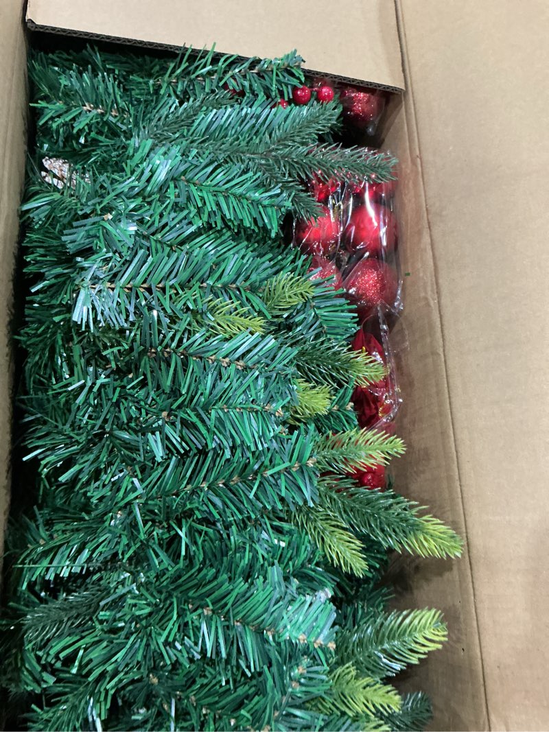 Condition photo showing New/Like New for Ceenna Extra Long 15ft Christmas Garland with 100 LED Lights Artificial Pine Prelit Lighted Christmas Outdoor Indoor Decorations Xmas Holiday Stairs Railing Mantle Door Decor(Berry Bow Garland)