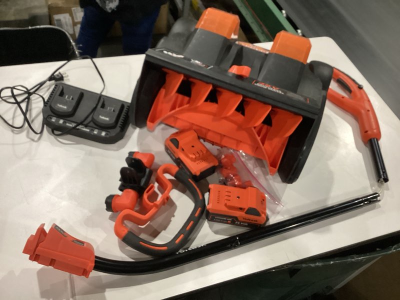 Condition photo showing As Is for VOLTASK Cordless Snow Shovel with Wheels, 48V | 16-Inch | 4-Ah Brushless Cordless Snow Blower, Battery Snow Blower with Directional Plate & LED Lights (2 * 24V Battery & Dual Quick Charger Included)