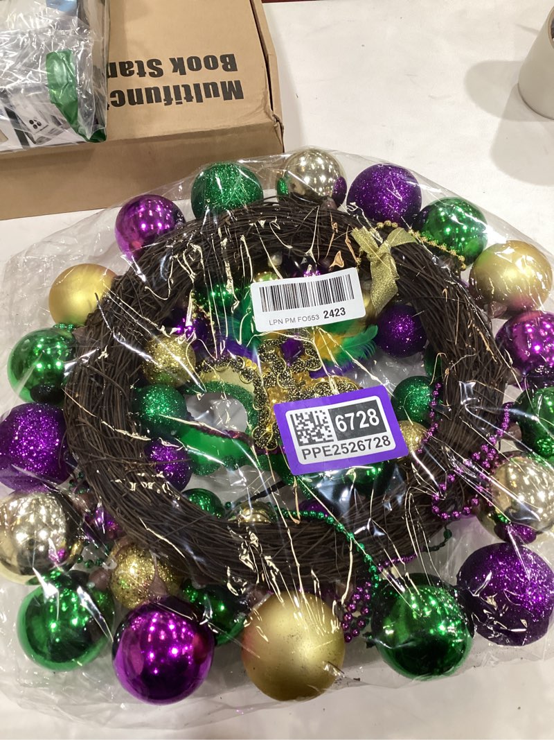 Condition photo showing New/Like New for Riceshoot 24 Inch Mardi Gras Door Wreath Large Mardi Gras Wreath for Front Door Green Purple Gold Party Decorations for Outdoor Holiday Party Favors Ball 24 Inch