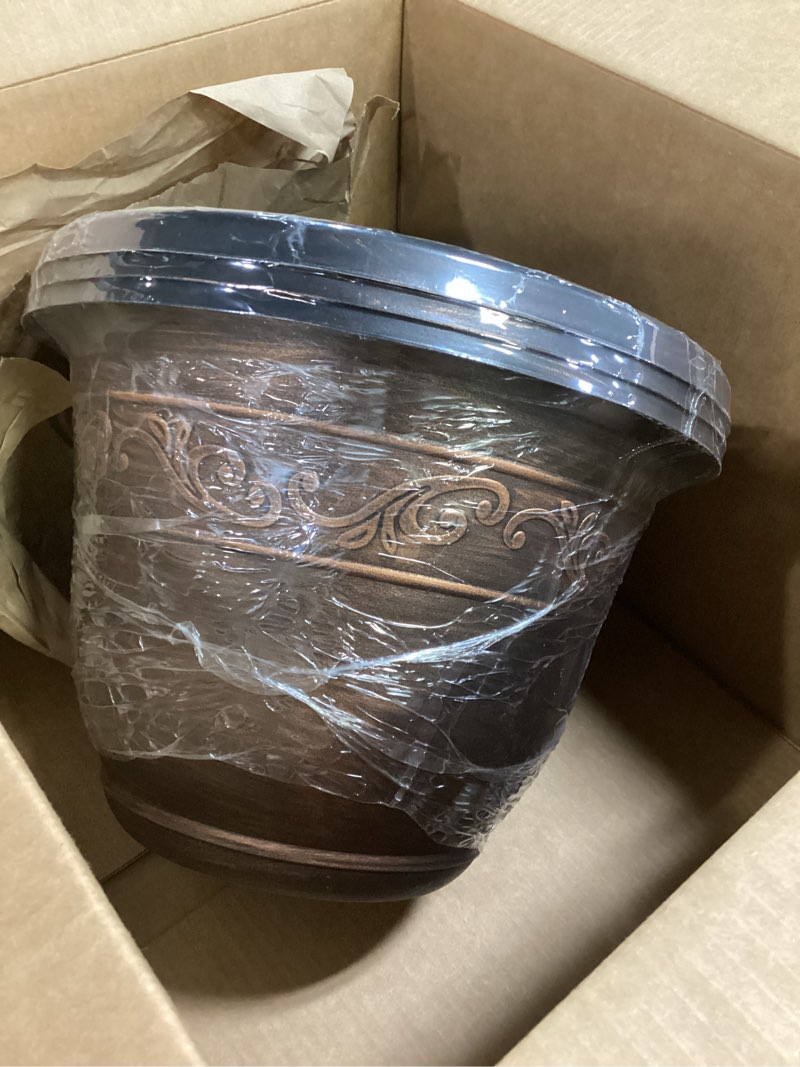Condition photo showing Good Condition for plastic-plant-flower-planters-16 inch with drainage hole & saucer, 3 packs lightweight small resin flower pot indoor outdoor, retro antique imitation decorative garden containers sets for houseplants 3 pack-16 inch