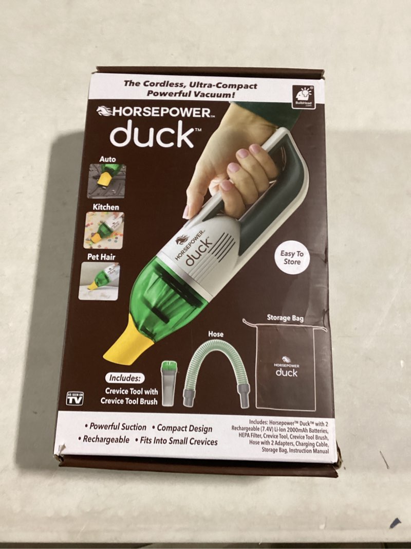 Condition photo showing New/Like New for Horsepower Duck Cordless Vacuum, Ultra-Powerful, Compact, AS-SEEN-ON-TV, Strong Suction, Easy to Store, Rechargeable. Home, Auto, Pet Hair, Fits in Tiny Crevices, Includes Hose, Crevice Tool & Brush