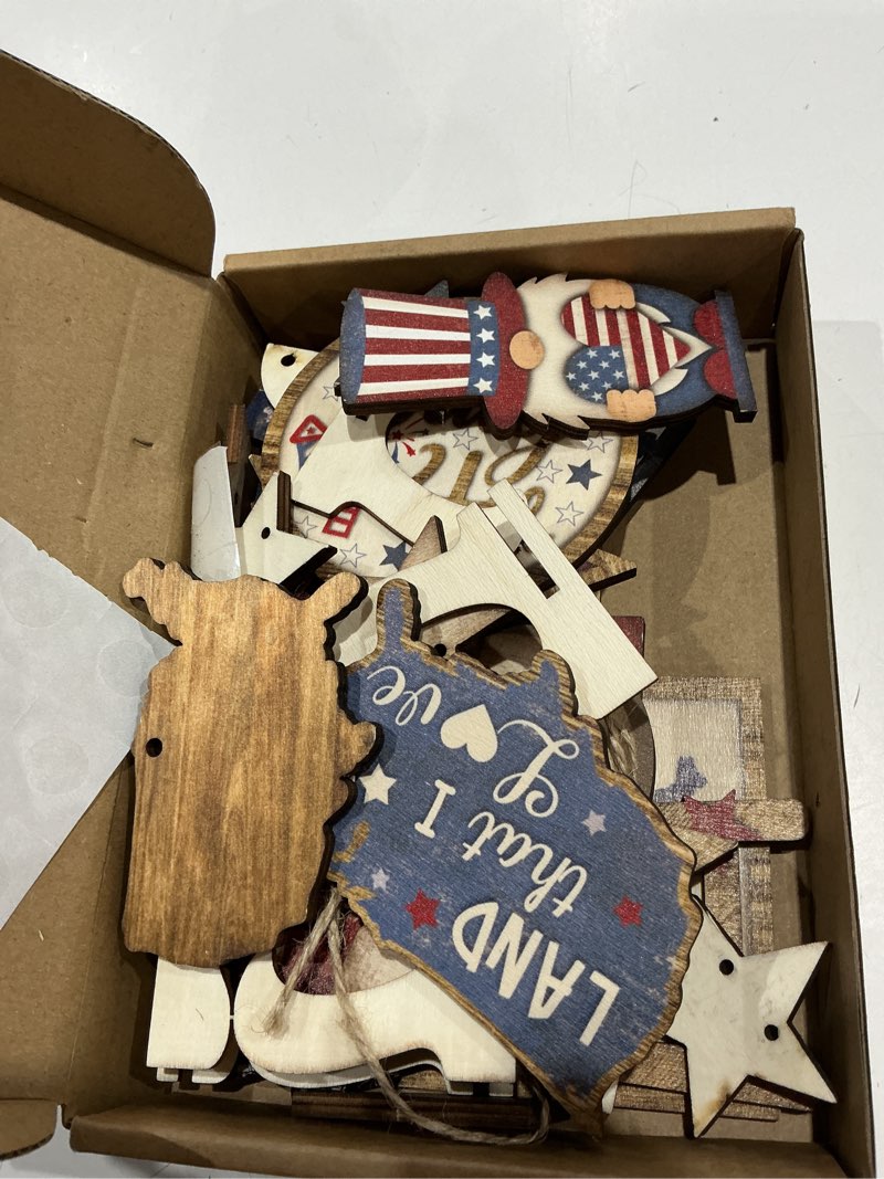 Condition photo showing Good Condition for 25 pcs 4th of july tiered tray decorations set wood patriotic decoration rustic american flag star red white blue farmhouse decor for memorial day 250th anniversary home indoor birthday party?stylish