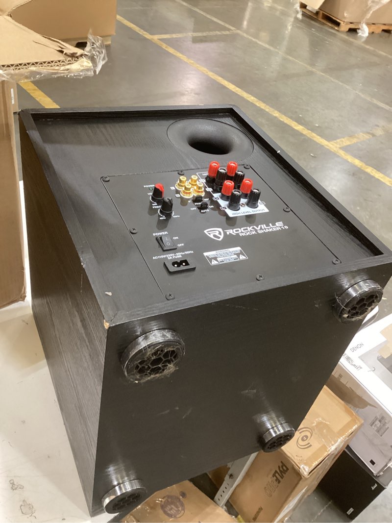 Condition photo showing As Is for rockville rock shaker 10 black 600w powered subwoofer, class-d amp, adjustable crossover, mdf enclosure, for home theater and studio