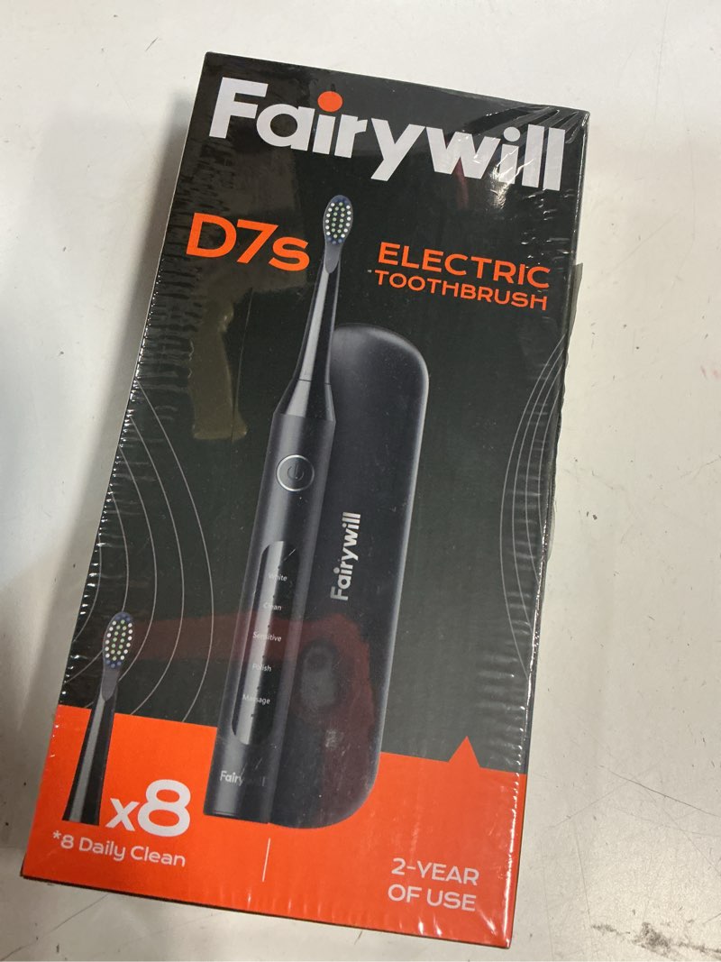 Condition photo showing New/Like New for fairywill d7s pro sonic electric toothbrush for adults and kids, rechargeable kit with 8 dupont brush heads & travel case, 47000 vpm, 5 modes, fast charge, 60-day battery, ipx7 waterproof, black