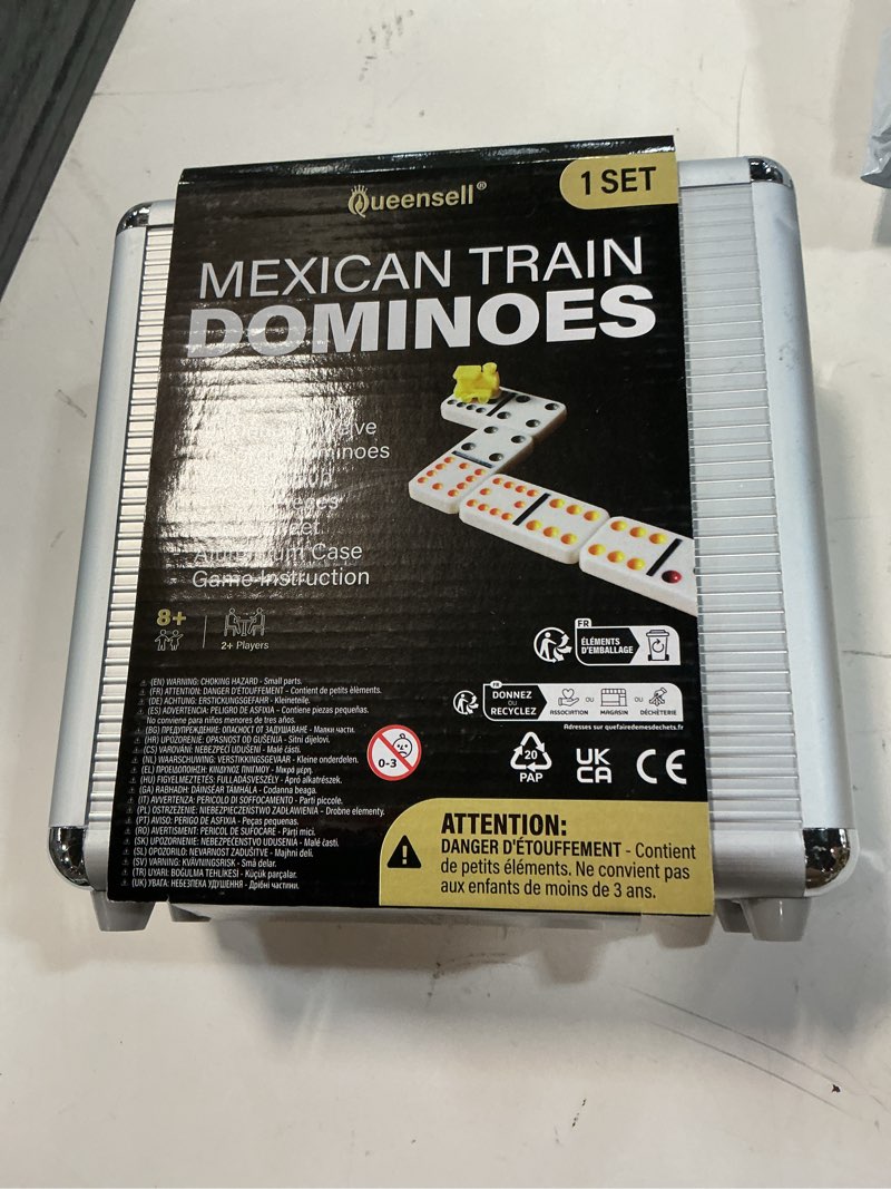 Condition photo showing New/Like New for queensell mexican train dominoes set with wooden hub, domino tile board games - double 12 dominos set for family game night for adults and kids ages 8 and up (double 12)
