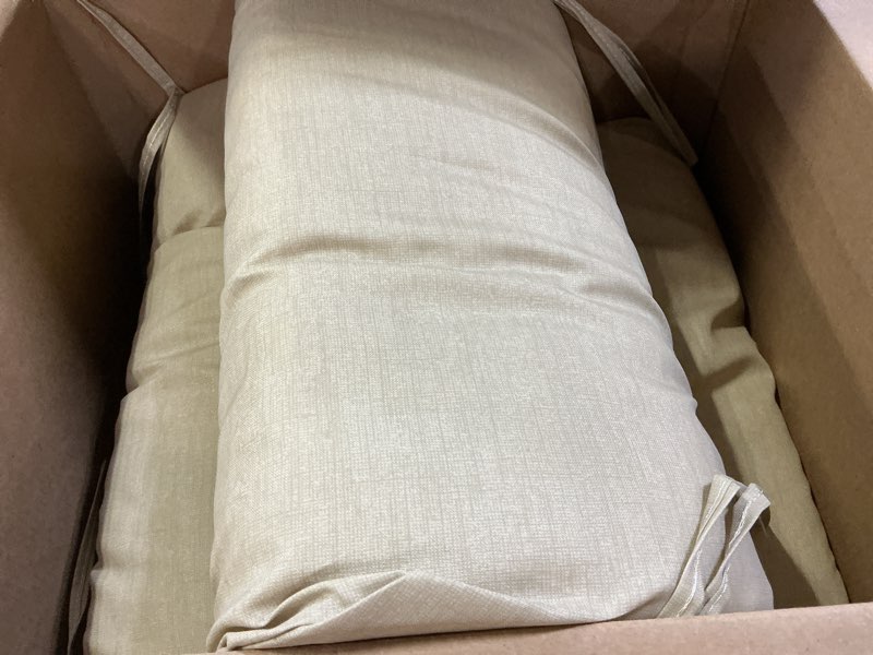 Condition photo showing As Is for arden outdoor chair cushion, 21 x 20, rain-proof, fade resistant 21 x 20, tan leala 21 x 20 cartridge style tan leala