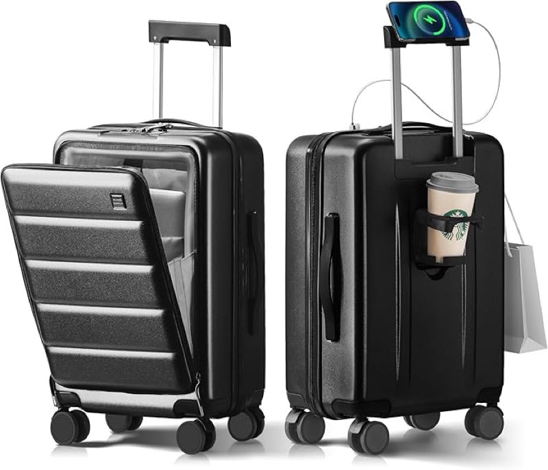 20 IN Carry On Luggage 22x14x9 Airline Approved - Front Pocket Hardside Travel Suitcase Unbreakable -with Cup Holder,Charging Port,Side Pothook, 360°Spinner Wheels, TSA Lock-Black