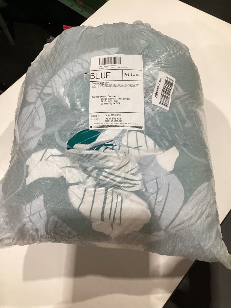 Condition photo showing As Is for Menghomeus Queen Comforter Set Gradient Teal Bedding Floral Comforter Sets - Soft Microfiber Bed Comforter Set for All Season, 3 Piece Botanical Flowers Comforter, Pillowcases Queen Gradient Teal