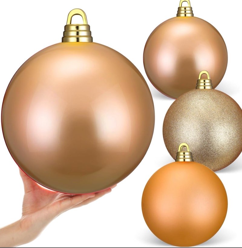 Shappy 4 Pcs 10 Inch Large Christmas Ball Ornaments Hanging Tree Ornament Balls Decorations Vintage Commercial Plastic Ball Ornament with Hanging Loop Large Christmas Decoration (Gold)