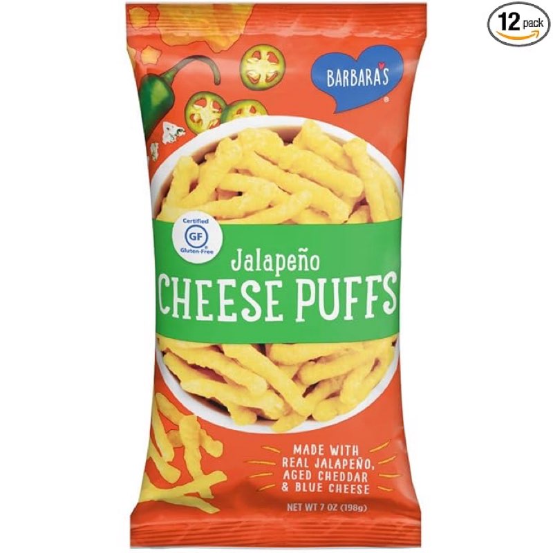 Best before apr/25/2026  Barbara's Bakery Jalapeno Cheese Puffs, Cheese Puffed Kids Snack Made With Real Aged Cheddar and Blue Cheese, Gluten Free Snack, 7 OZ Bag