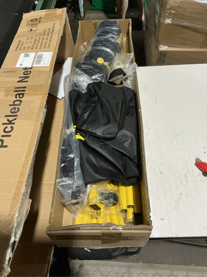 Condition photo showing Good Condition for portable pickleball net set with wheels, regulation size 22 ft & half court 11 ft, steady metal frame pickle ball net set system with carry bag for backyards, driveways, and garages black&yellow