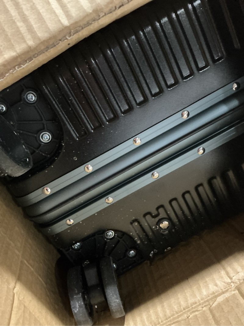 Condition photo showing As Is for feilario Aluminium Frame PC Hard Shell Spinner Wheels Luggage,20.8"X15"X8.7 Airline Approved Built-In TSA lock Carry on Suitcase, with Cup Holder, USB Port, Phone Holder A-Jet Black (zipperless closure) 20.8"