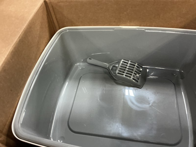 Condition photo showing Good Condition for amazon basics large cat litter box with high sides, open top for easy access, includes scoop with storage, 19" x 15" x 11.75", grey/beige grey/beige open top