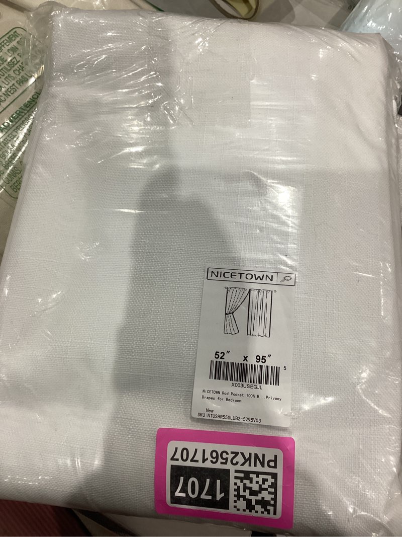 Condition photo showing Good Condition for NICETOWN Rod Pocket 100% Blackout Linen Curtains for Living Room with Thermal Insulated Liner, White, 52" Wide, Long Curtains 95" Long 2 Panels Set, Thermal Insulated Privacy Drapes for Bedroom White 52"W x 95"L (Pack of 2)